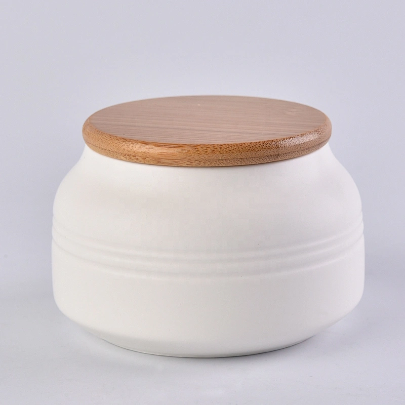 Sunny glassware white matte ceramic candle jar holders with wood lid