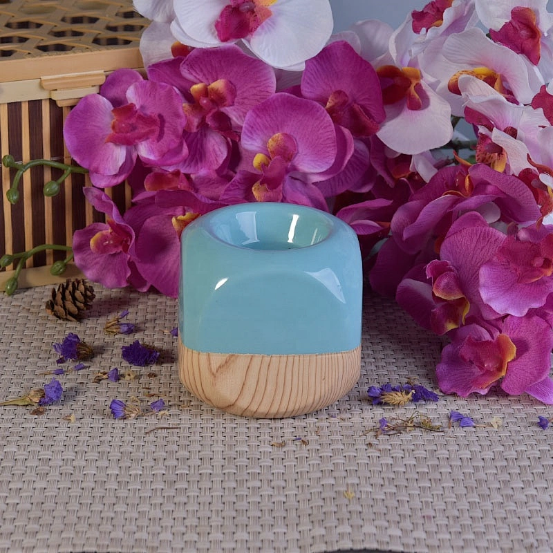 Irregular shape glaze custom ceramic votive candle holders with wooden bottom home decoration