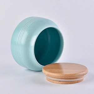 Sunny glassware blue round matte ceramic candle jar with wood lid