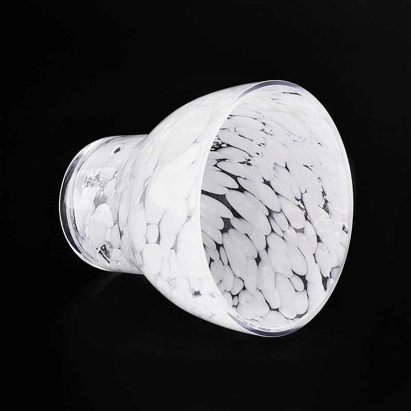 white petal decorated glass vessel with base, unique glass candle jar hand made