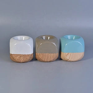 Irregular shape glaze custom ceramic votive candle holders with wooden bottom home decoration