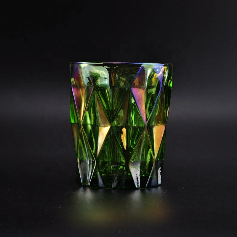 Green iridescent diamond glass candle jars home decoration wholesale