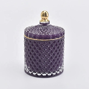 geo cut glass jar for candles, luxury purple glass candle holder with lid