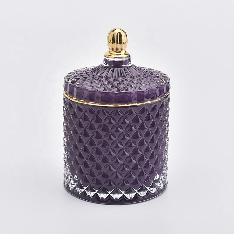 geo cut glass jar for candles, luxury purple glass candle holder with lid