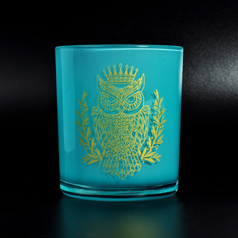 blue cylinder glass candle container with gold decal, votive candle holder