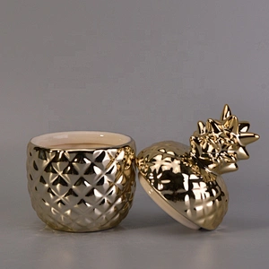 Pineapple gold ceramic candle vessel with lid wholesales