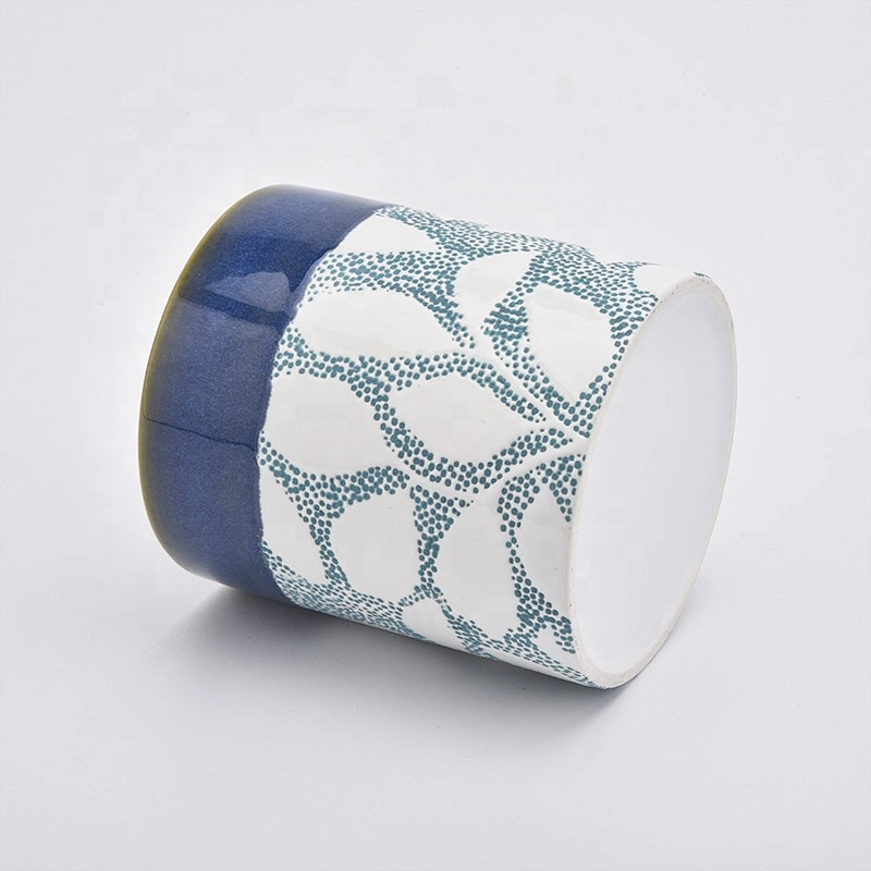 Blue cylinder flower ceramic candle jar tea light candle holders home decoration