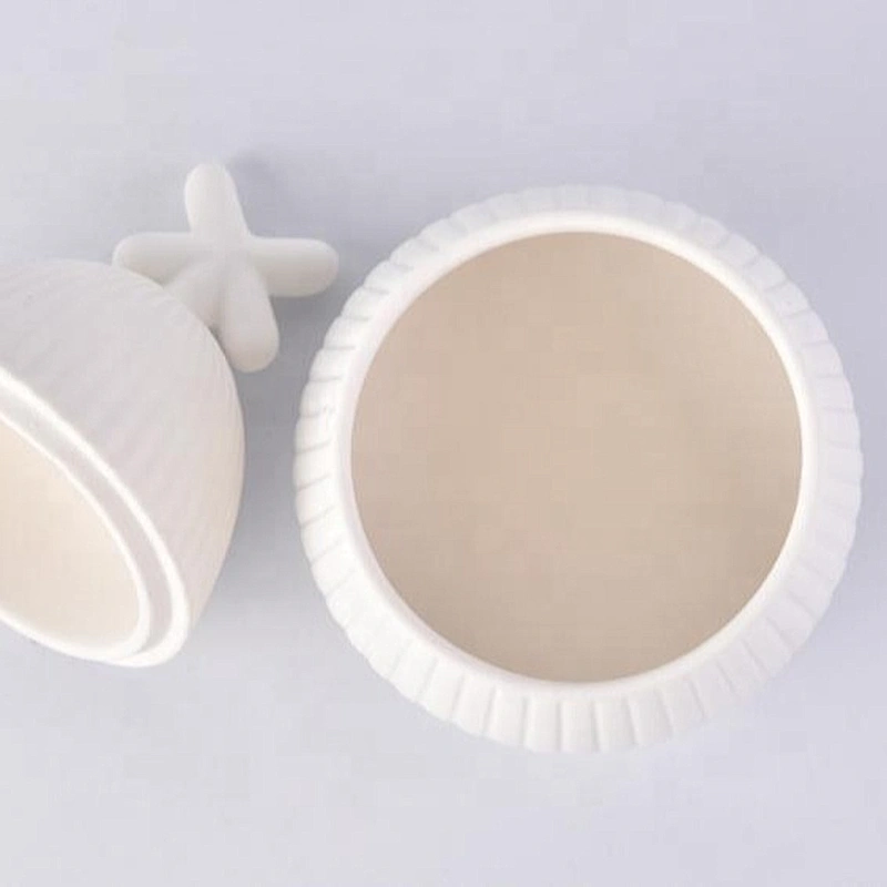 Matte White Stripes Ceramic Candle Holder with Lid Home Decoration Pieces