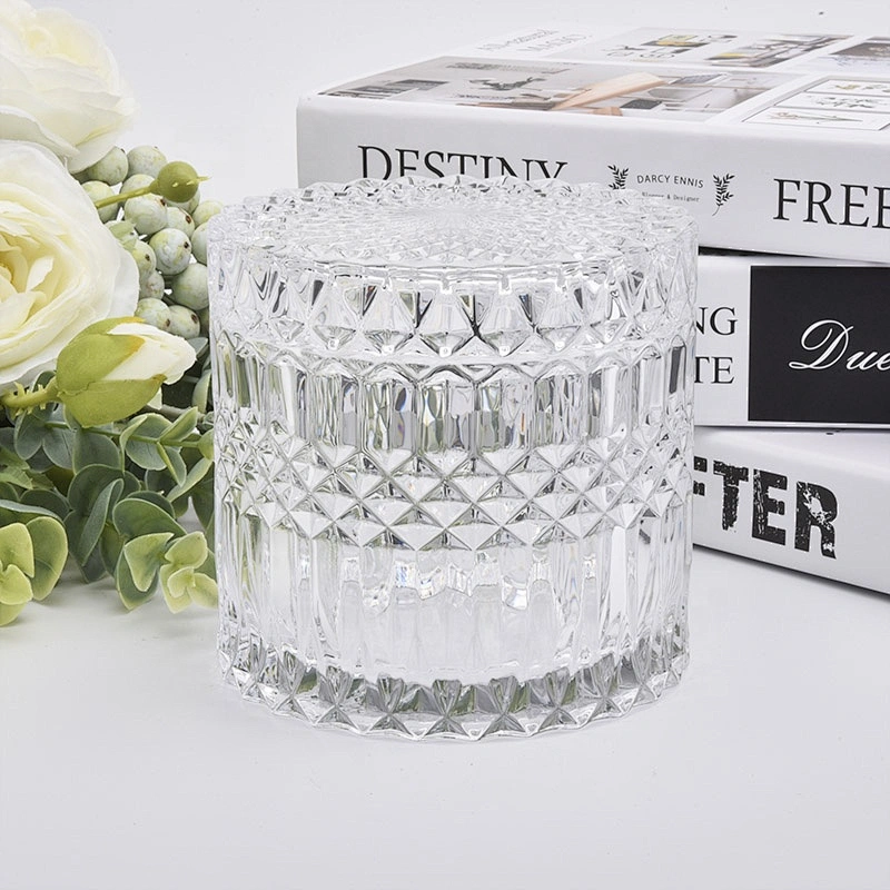 Clear engraving votive candle jar glass candle holder with lid home decoration