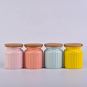 Wholesale PInk Ceramic Candle Jar with Bamboo Lid Home Decoration