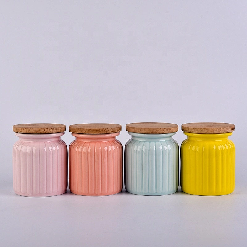 Wholesale PInk Ceramic Candle Jar with Bamboo Lid Home Decoration