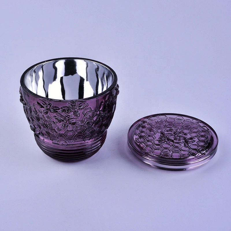 Bee design luxury purple Glass candle holders with lid