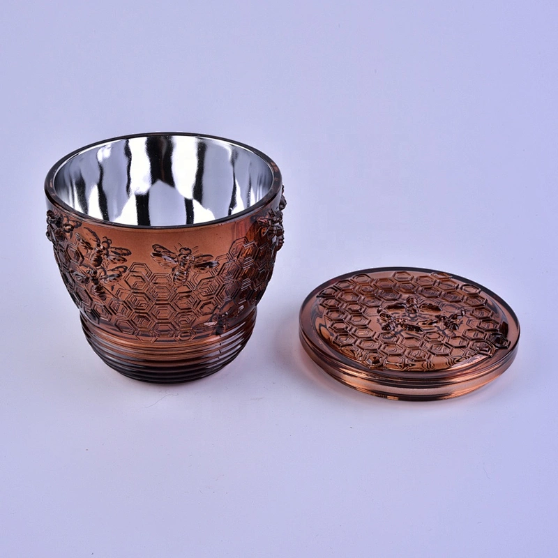 Home decoration luxury bee design Glass candle container with lid