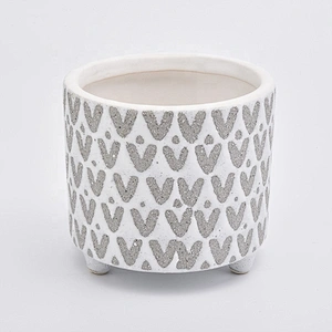 Wholesales Footed Cylinder Ceramic Holders in Grey V and dots Pattern Home Decoration