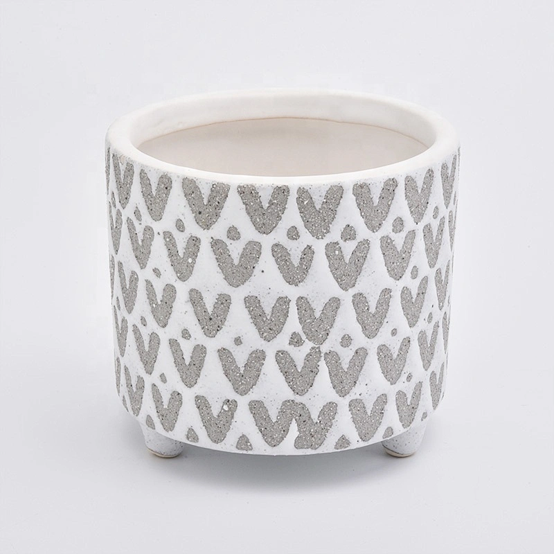 Wholesales Footed Cylinder Ceramic Holders in Grey V and dots Pattern Home Decoration