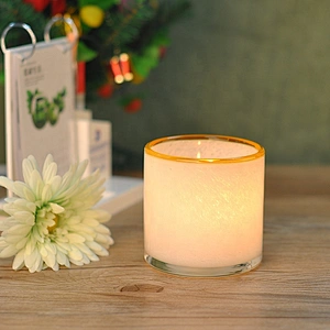 17oz White with Yellow Rim Glass Candle Holder Home Decor