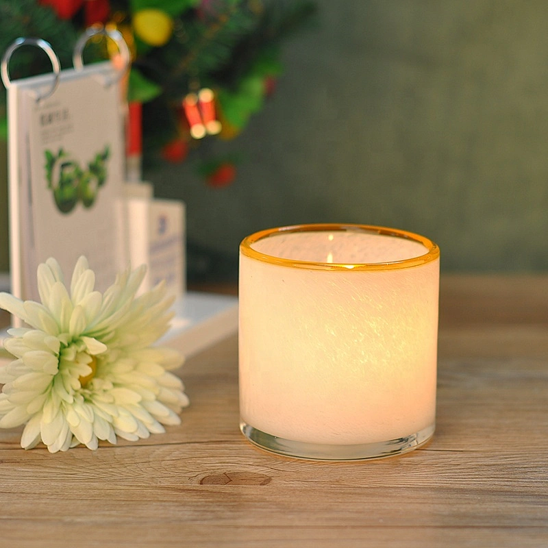 17oz White with Yellow Rim Glass Candle Holder Home Decor