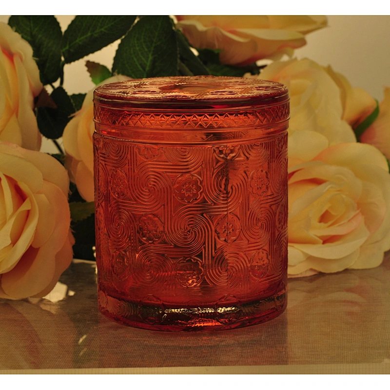 Sunny design luxury embossed Glass candle holder with glass lids