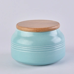 Sunny glassware blue round matte ceramic candle jar with wood lid