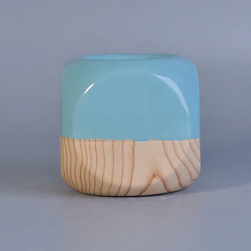 Irregular shape glaze custom ceramic votive candle holders with wooden bottom home decoration