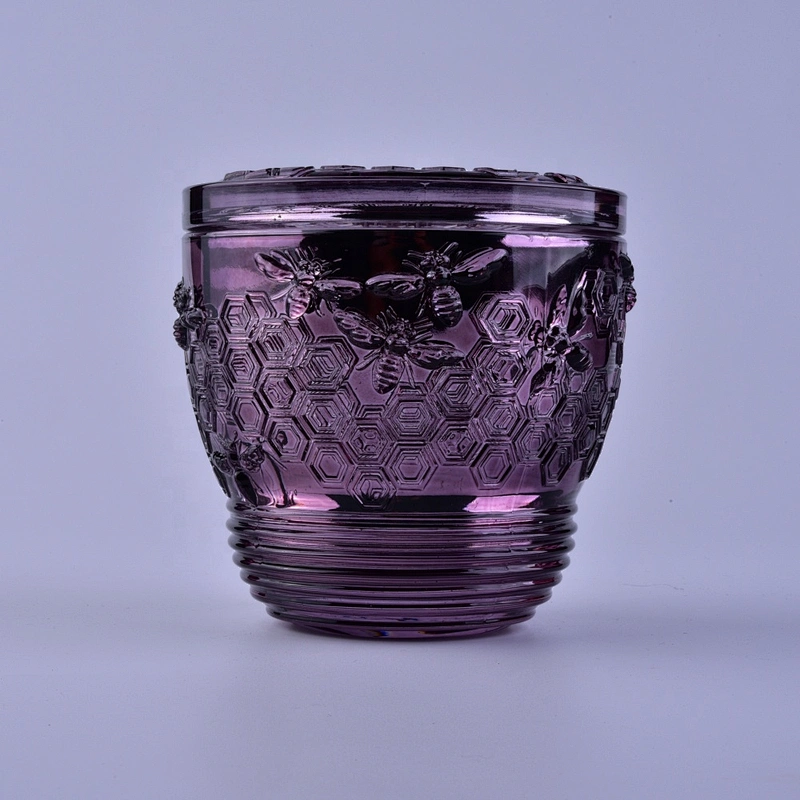 Bee design luxury purple Glass candle holders with lid