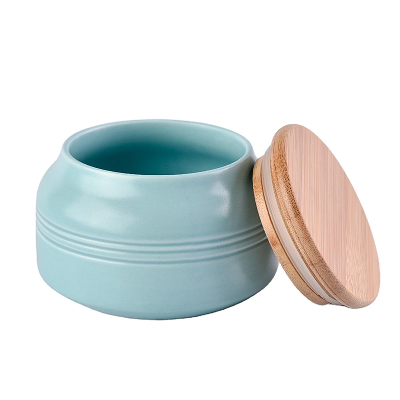 Sunny glassware blue round matte ceramic candle jar with wood lid