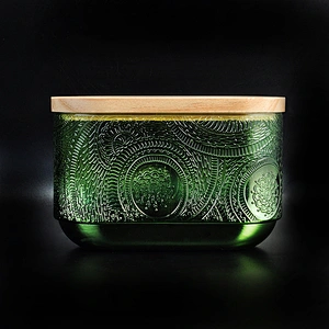 Home decoration luxury engraving tea light Glass candle container with wood lids