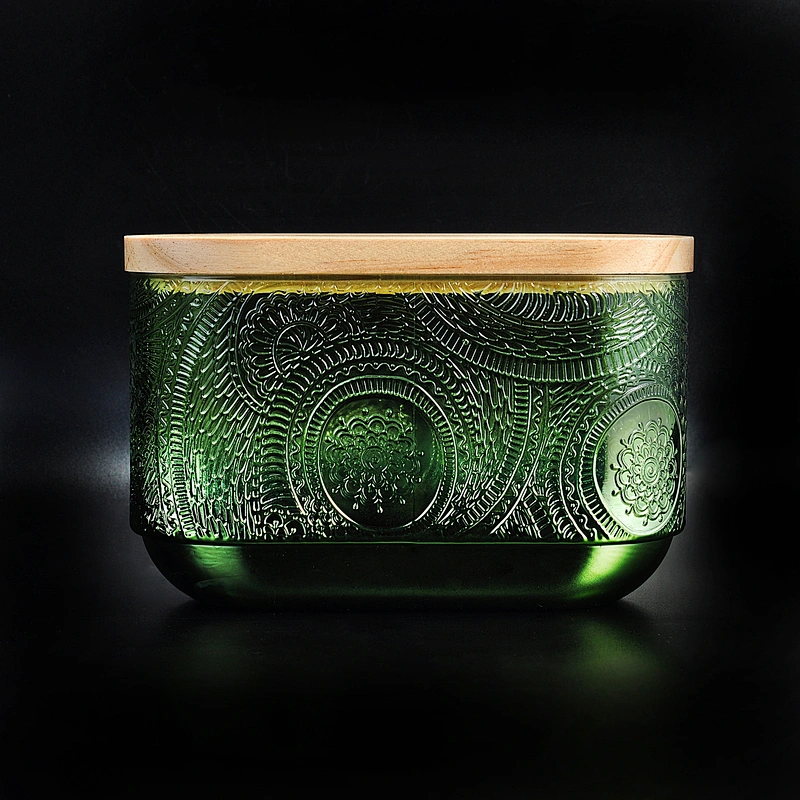 Home decoration luxury engraving tea light Glass candle container with wood lids