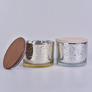 Mercury glass candle container with wooden lid, 15 OZ glass candle holder