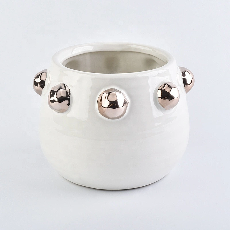 Wholesale White Ceramic Candle Holder with Metallic Dotted Bulge Home Decoration