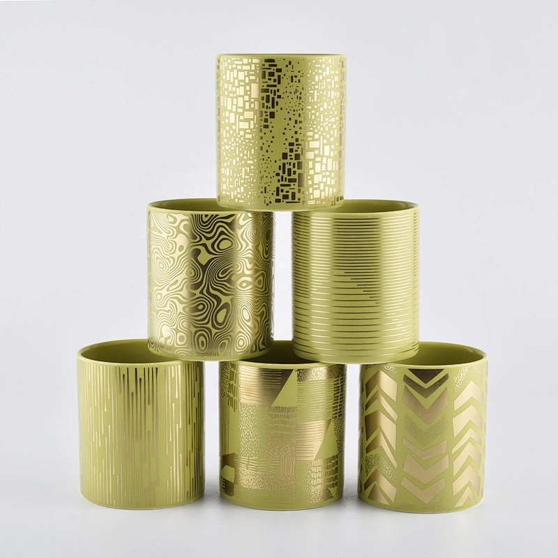Leather Golden Ceramic Candle Container With Ceramic Lid