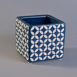 Square blue hand printing ceramic tealight candle container porcelain candle holders home decorative use