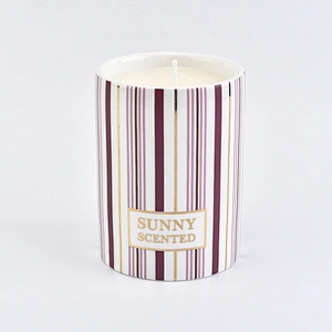 cylinder ceramic candle jar with stripes, decorative ceramic candle holder