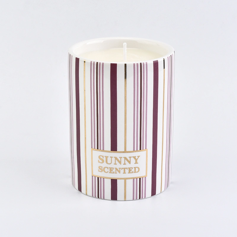 cylinder ceramic candle jar with stripes, decorative ceramic candle holder