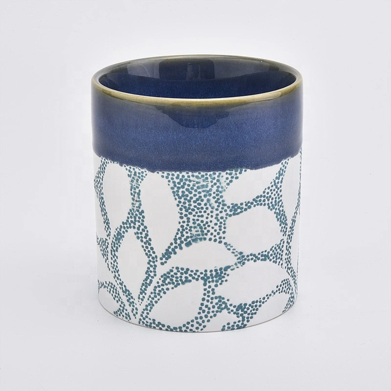 Blue cylinder flower ceramic candle jar tea light candle holders home decoration