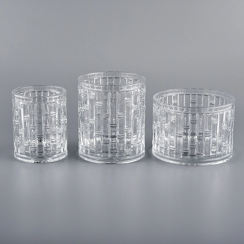 Tansparent cylinder glass vessel with bamboo pattern,  glass candle vessel for candle making