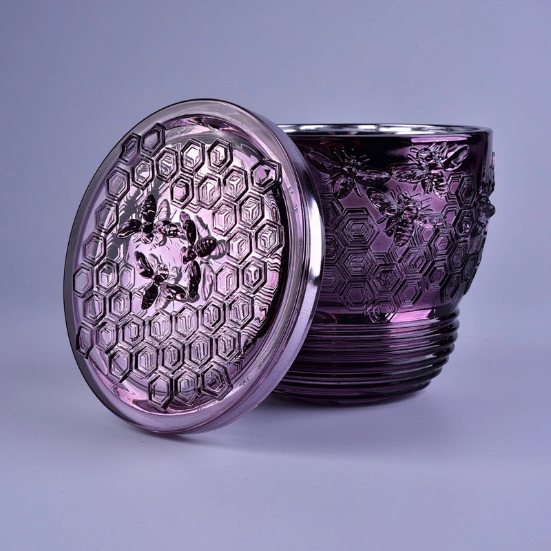 Bee design luxury purple Glass candle holders with lid