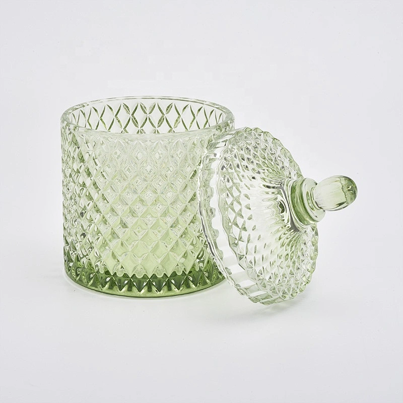 Green Diamond Glass Candle Jars with Glass Lids Home Decor Wholesales
