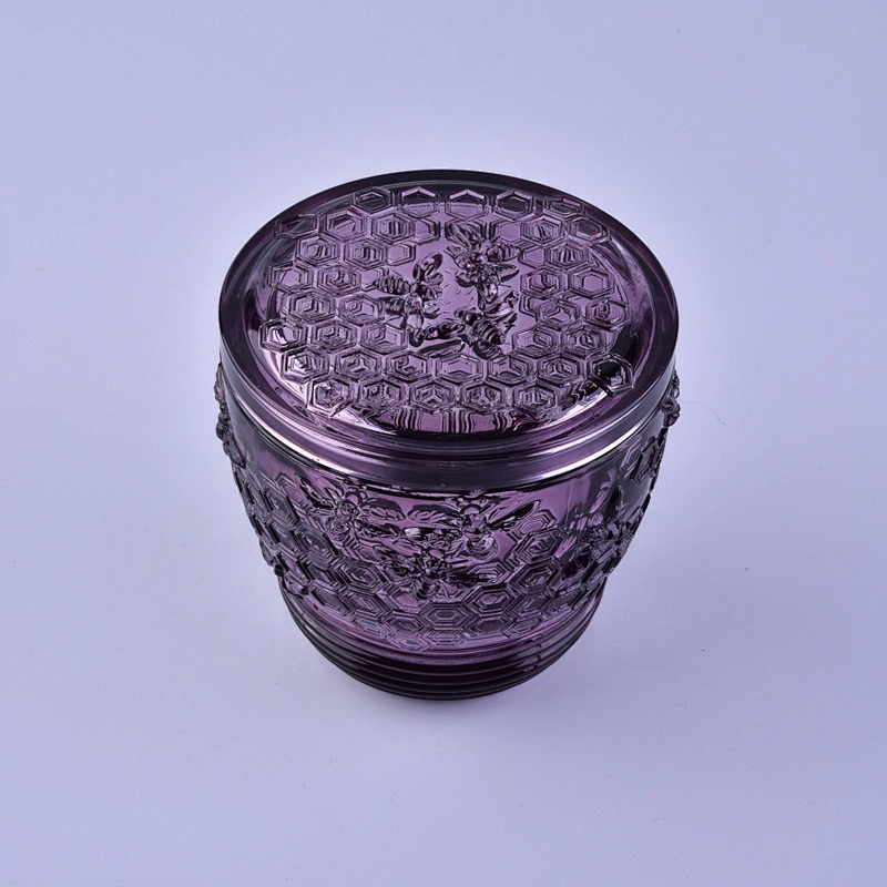 Bee design luxury purple Glass candle holders with lid