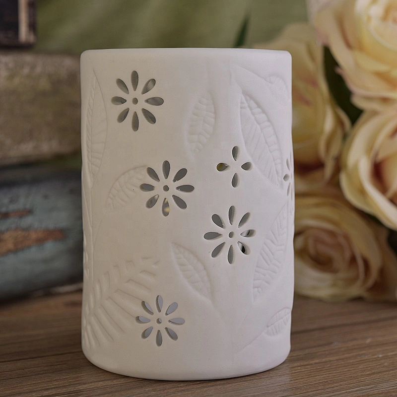 Cylinder flower custom ceramic hollow candle holder wholesales