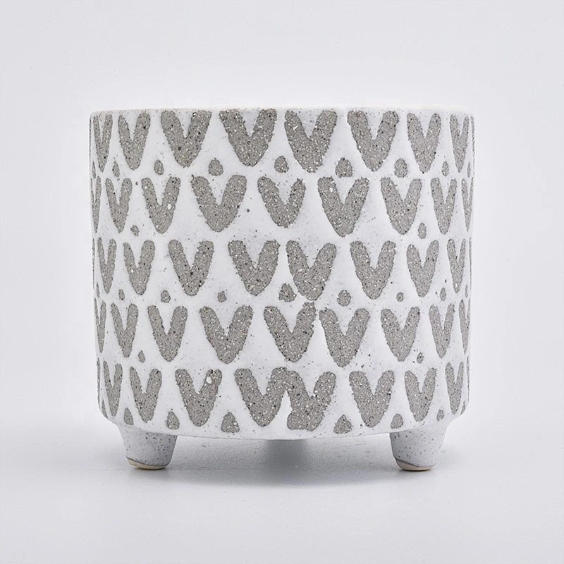Wholesales Footed Cylinder Ceramic Holders in Grey V and dots Pattern Home Decoration