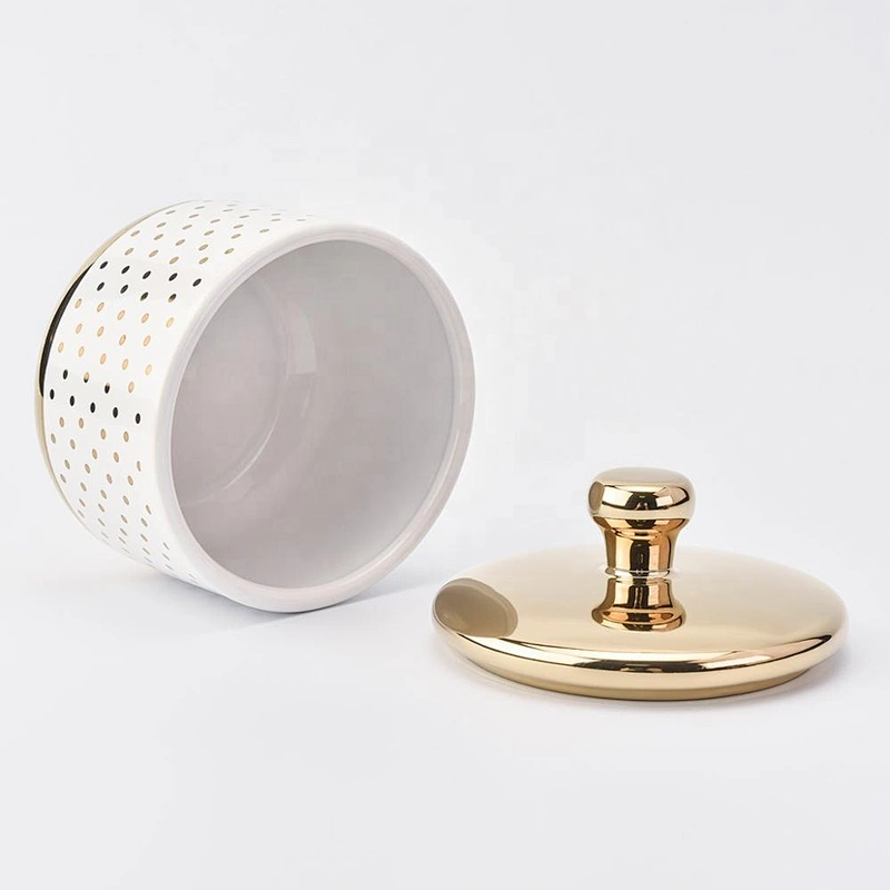 Bulk custom electroplated ceramic tealight candle containers with golden lids