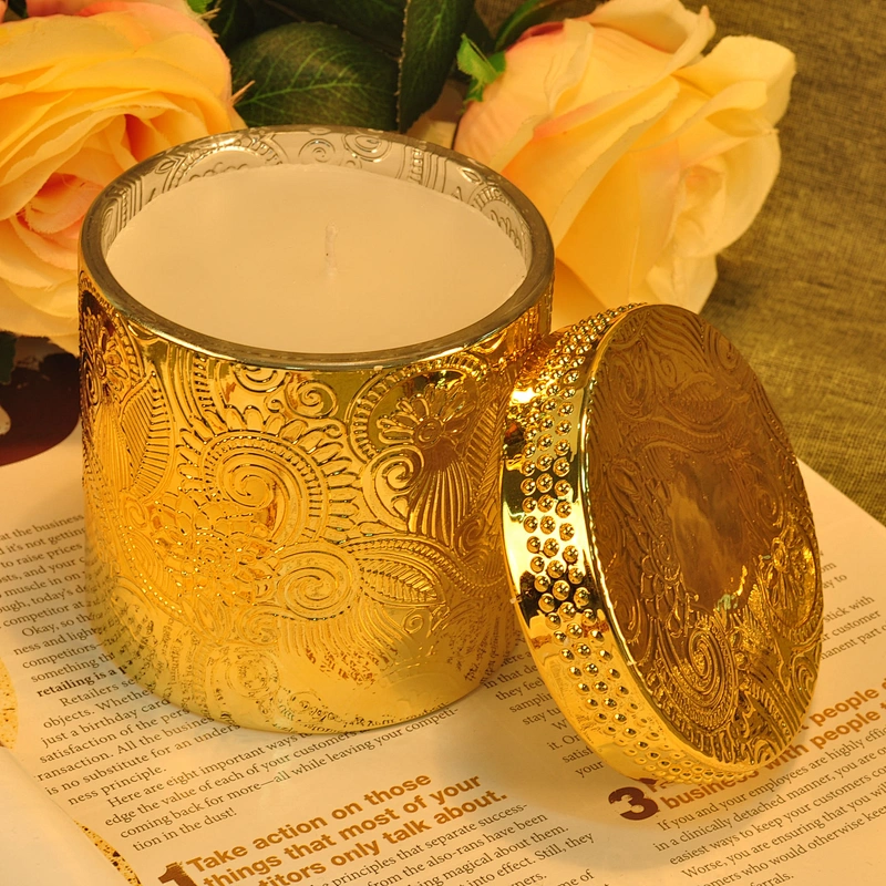 Hot sales custom golden Glass candle jar with glass lids