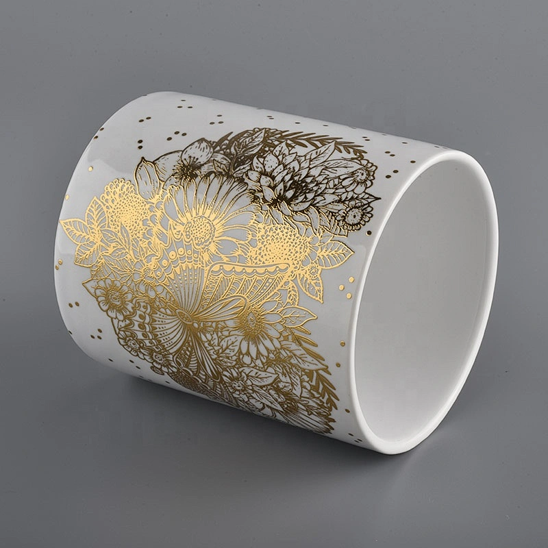 white ceramic candle jars with gold printing for Christmas