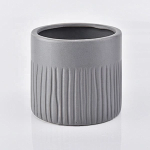 17oz Matte Grey Stripes Ceramic Candle Holder Stoneware Jar Home Decoration