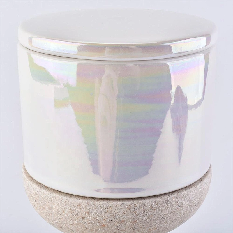 Iridescent Ceramic Candle Holder with Lid and Resin Base Home Decoration Pieces