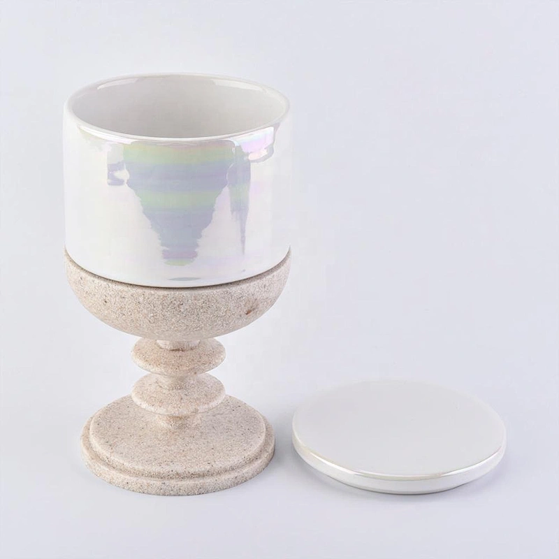 Iridescent Ceramic Candle Holder with Lid and Resin Base Home Decoration Pieces