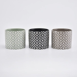black round ceramic candle vessel with decorative pattern, cylinder ceramic candle holders