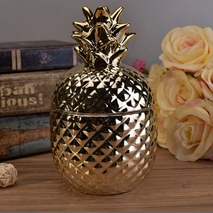 Pineapple gold ceramic candle vessel with lid wholesales