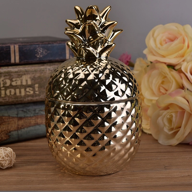 Pineapple gold ceramic candle vessel with lid wholesales